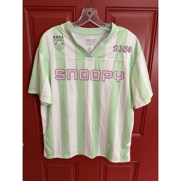 Peanuts Tops - Peanuts Snoopy Hybrid Apparel V-Neck Striped Mesh Jersey Women's L Polyester